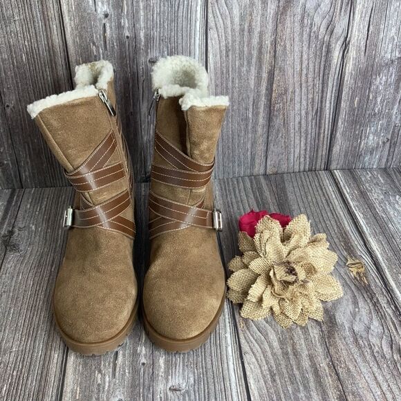 Nine West Women's Davyd Demi Wedge Buckle Detailing Faux Fur Booties - Picture 2 of 5